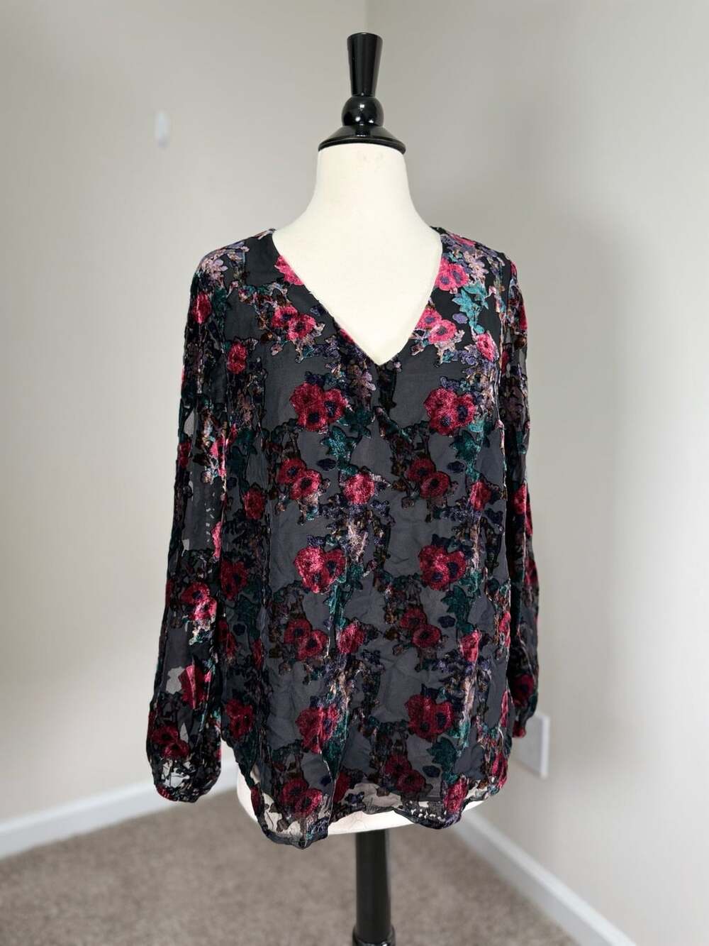 Dalia Floral Velvet Burnout Blouse Size M Long Sleeve Romantic Whimsigoth